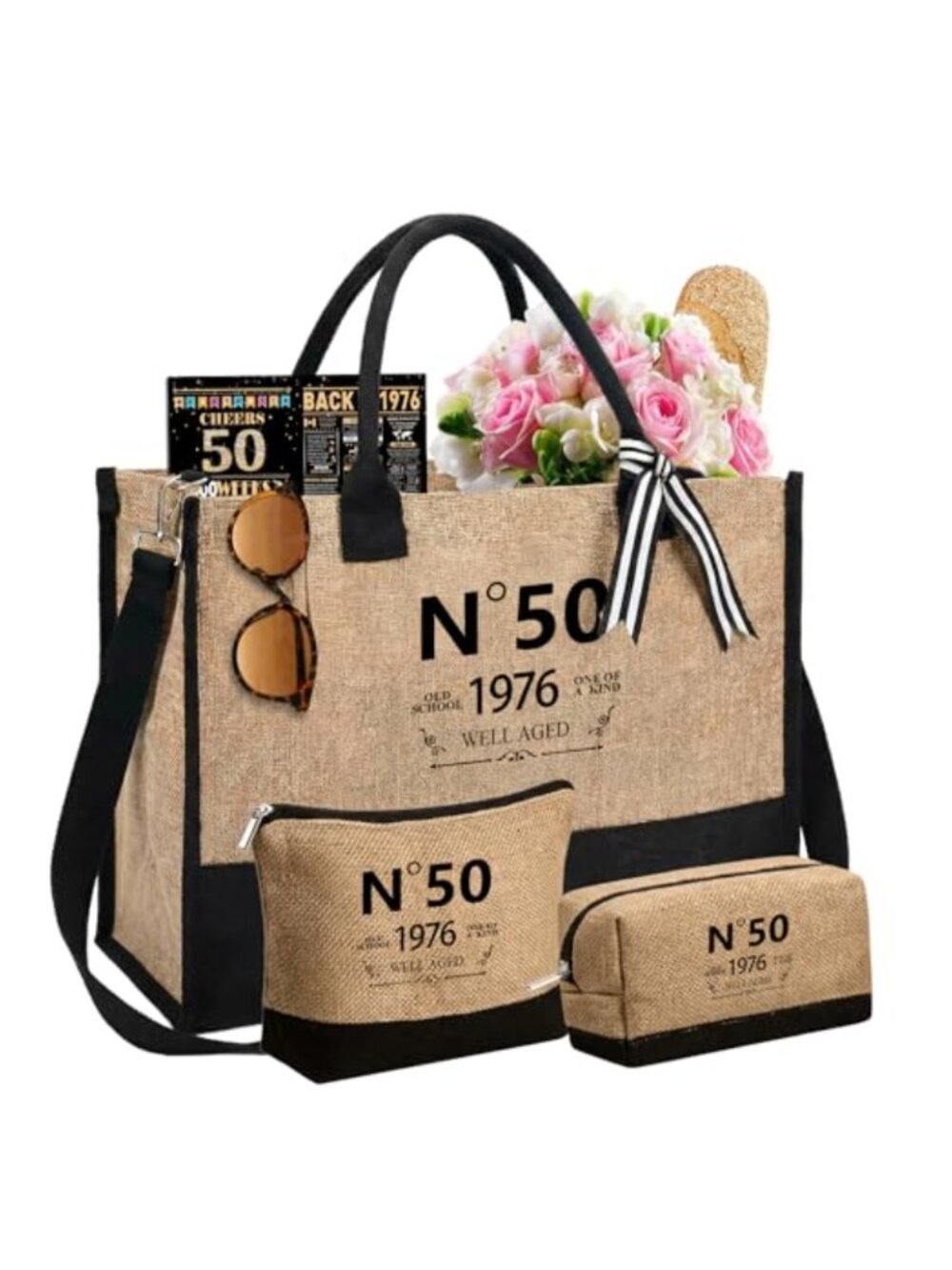 Jute Tote Bag Set 50th Birthday Gift Cosmetic Bag Coin Purse Poster